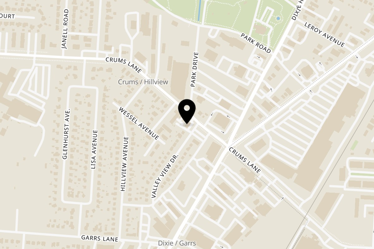 Map showing the location of AFRICAN KITCHEN on 1900 Crums Ln in Louisville